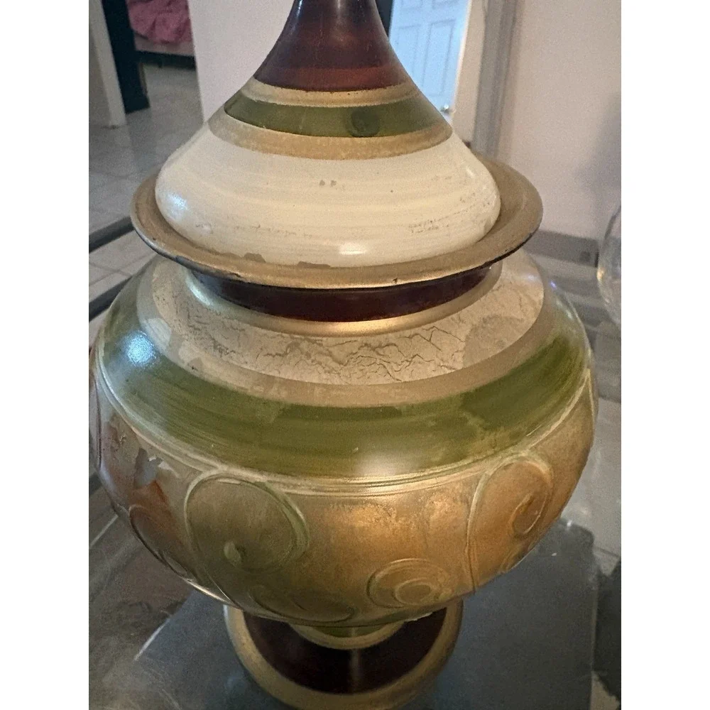 VTG Decorative Glass Urn Jar Pedestal Lid Hand Painted Gold Green Scroll 12